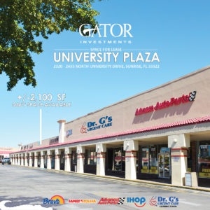 Retail space for lease in Gator Investments owned University Plaza in Sunrise, FL