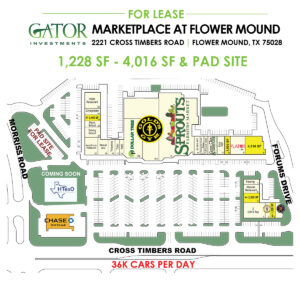Retail space for lease in Gator Investments owned Marketplace at Flower Mound in Flower Mound, TX