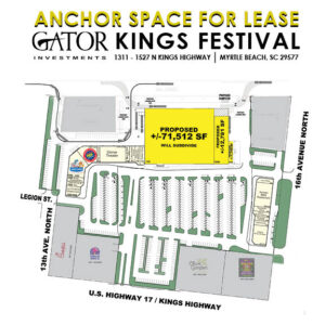 Retail space for lease in Gator Investments owned Kings Festival in Myrtle Beach, SC