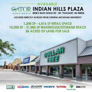 Retail space for lease in Gator Investments owned Indian Hills Plaza in Mt. Pleasant, MI