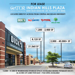 Retail space for lease in Gator Investments owned Indian Hills Plaza in Mt. Pleasant, MI