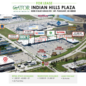 Retail space for lease in Gator Investments owned Indian Hills Plaza in Mt. Pleasant, MI
